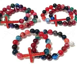 Natural Rainbow Agate Bracelet Set/Cross Bracelet Set/Two Bracelet Set/Stretch/Boho