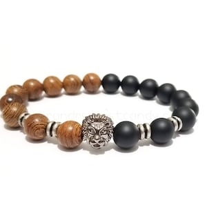 Mens Beaded Bracelet, Lion Head, Black, Wood Bracelet, Father&#39;s Day, Stretchy, Men Gifts, Custom Handmade Beaded Jewelry