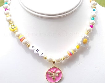 Pearl Choker/Custom Name Necklace/Bumble Bee/ Pink/Preppy Necklace/Stretchy/Happy Face/Y2K/Trendy Beaded Necklace