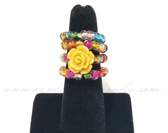 Beaded Ring Stackable Set, Stretchy, Flower Ring, Colorful, OOAK, Custom Handmade Beaded Jewelry