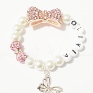 Girls Pink Bow Bracelet/Butterfly Bracelet/Rhinestone/Personalized Name/Bracelet/Stretchy/