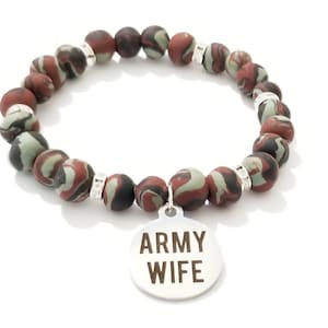 Army Wife Beaded Bracelet, Clay Beads, Camouflage Bracelet, Military Wife, Mother&#39;s Day, Wedding Gifts, Custom Handmade Beaded Jewelry