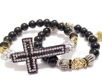 Cross Bracelet Set, Black Bracelets, Stretchy, OOAK, Spiritual, Faith, Gifts for her, Valentine's Day, Custom Handmade Beaded Jewelry