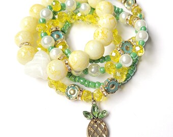 Pineapple Bracelet/Yellow/Bracelets/Juxtaposition/OOAK Stack/5 Piece Set/Stretchy/Handmade Beaded Jewelry