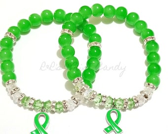 Mental Health Awareness Beaded Bracelet, Support, Green Ribbon, Swarvoski Beads, Stretchy,Custom, Handmade Beaded Jewelry