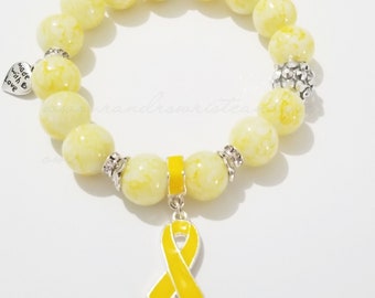 Yellow Ribbon Bracelet, Beaded Bracelet, Support, Awareness, Bone Cancer, Missing Children, Bladder Cancer, Obesity Handmade Beaded Jewelry
