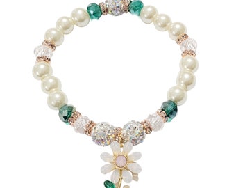 Pearl and Flower Bracelet/Rhinestone/Stretchy/Charm/Handmade Beaded Jewelry