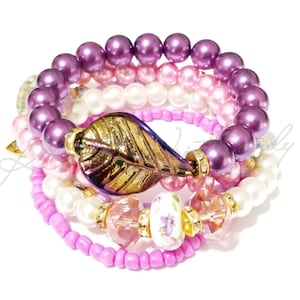 Purple Beaded Bracelets/Stretchy/Stacking Bracelets/Seed Bead Bracelets/Floral Bracelets