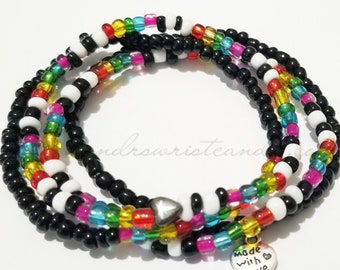 Rainbow Bracelet, Pride, LBGTQ, Rainbow, Love Wins Black, Stretchy, Stackable, Festival, Handmade Custom Beaded Jewelry