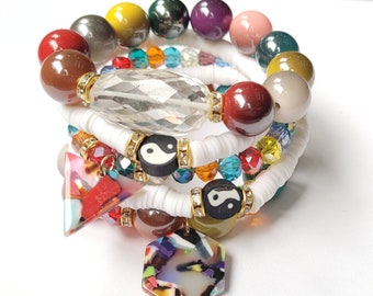 Yin Yang /Bracelets/Juxtaposition/OOAK Stack/5 Piece Set/Stretchy/Bracelet Colorful Handmade Beaded Jewelry