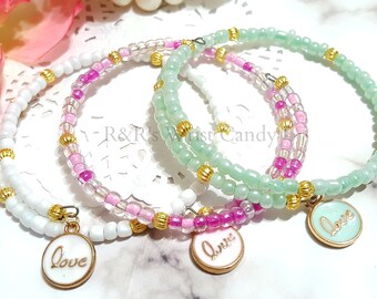 Love Bracelet, Beaded Wire Bangle, Valentines Day, One Size, Pink, Mint, White, Minimalist, Bridal, Custom, Handmade Beaded Jewelry