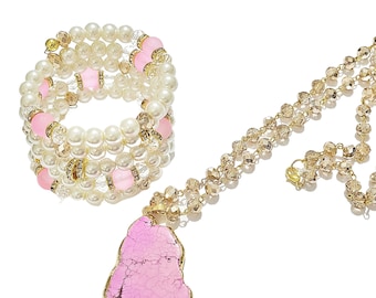 Pink Stone Pendant Necklace Bracelet Set/Pearl Wrap Bracelet Set/Faceted Beaded Necklace/Boho/Gift Ideas/Handmade Beaded Jewelry