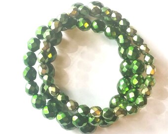 Green Bracelet Set, Beaded Bracelet Set, Stretchy, Women, Christmas Bracelet