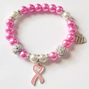 Breast Cancer Awareness Bracelet – Pink Ribbon Beaded Handmade Stretch Bracelet – Support & Gift