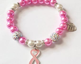 Breast Cancer Awareness-armband – handgemaakte stretcharmband met roze lintkralen – ondersteuning en cadeau