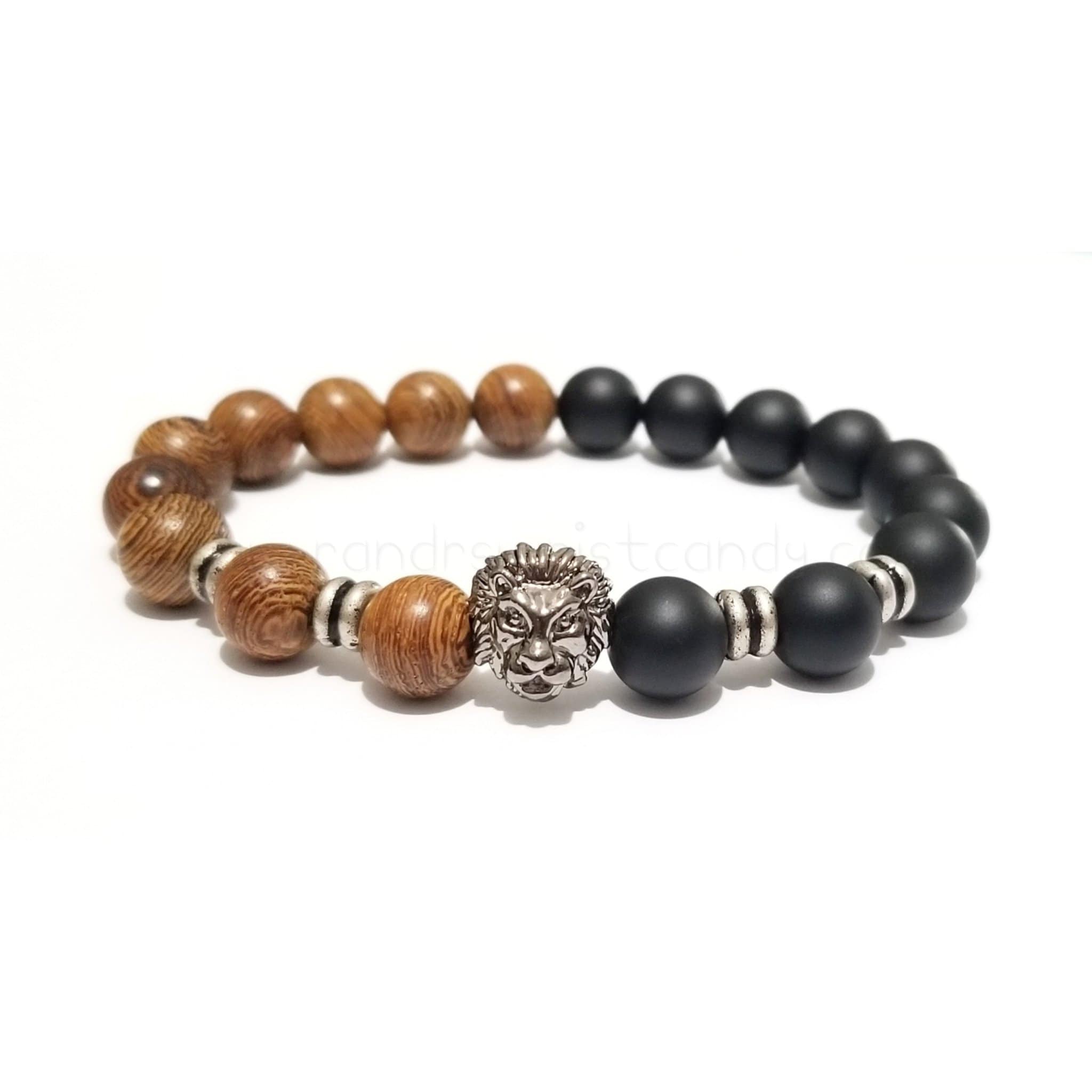 Mens Beaded Bracelet, Lion Head, Black, Wood Bracelet, Father's Day