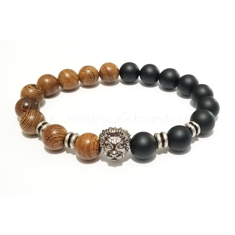 Mens Beaded Bracelet Lion Head Black Wood Bracelet Etsy