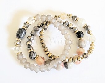 Gray Neutral Blush Beaded Bracelet, Bracelet Set, Womens Bracelet, Stack Bracelet