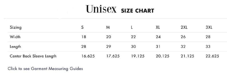 Op de afbeelding: Unisex maattabel met breedte, lengte en lengte van de achterkant van de mouw in inches voor maten S, M, L, XL, 2XL en 3XL.