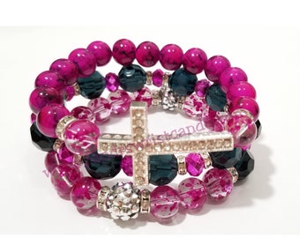 Fuschia Bracelet, Beaded Bracelet Set, Black, Silver,Stretchy, Cross Bracelet, OOAK, Women, Custom Handmade Beaded Jewelry