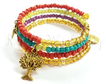 Multicolor Beaded Wrap Bracelet, Boho Style, Coil  Bracelet, Memory Wire Wrap Bracelet, Handmade, Custom, Beaded Jewelry, Women's Jewelry