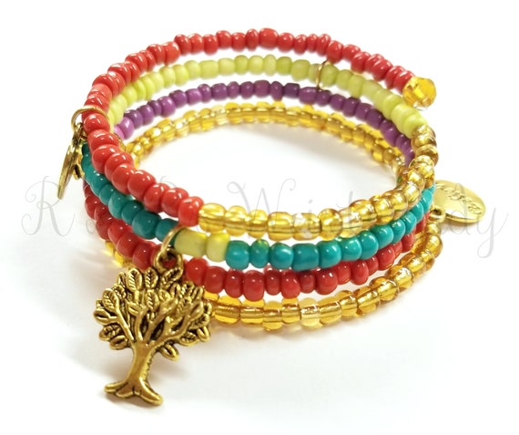 Items similar to Multicolor Beaded Wrap Bracelet, Boho Style, Coil ...