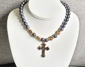 Pearl Choker/Cross Beaded Necklace/Grey/Gold/Preppy Necklace/Stretchy/Happy Face/Y2K/Trendy Beaded Necklace