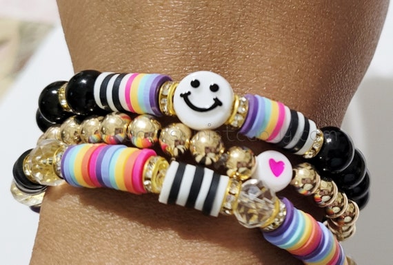 Heishi Beads, Rainbow Bracelet, Happy Stack, Preppy Bracelets, Gold,  Bracelet, Stretchy, All 3 Bracelets Included Set