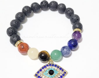 7 Chakra Bracelet/ Lava Bead Bracelet/Mala Bracelet/Meditation Bracelet/Evil Eye Bracelet