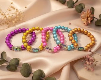 Pulsera de cuentas de vidrio lloviznadas/Multicolor/Metálica/Elástica/Apilable/Joyería de cuentas hecha a mano