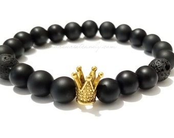 Men's Matte Onyx Beaded Bracelet with Crown & Lava Beads