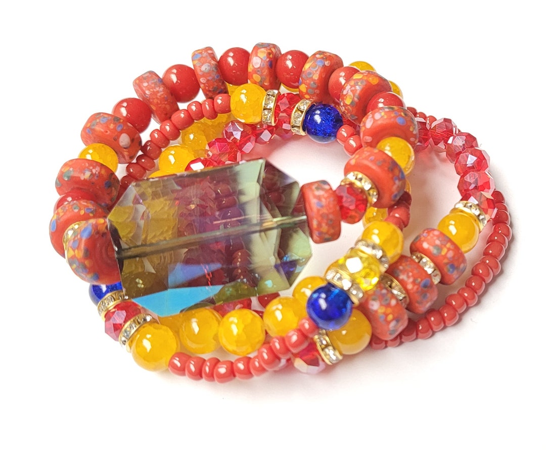 Red Bracelets/yellow/bracelets/juxtaposition/ooak Stack/5 Piece Set ...