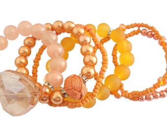 Orange Bracelet Set/ Set of 6/ Heart Bracelet/Stretchy/Christmas Gifts/Handmade Beaded Jewelry
