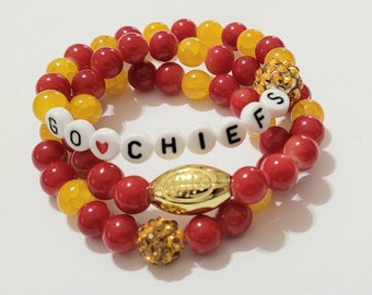 Red and Yellow Super Bowl Kansas Football Team Bracelet Kelce Taylor Stretchy Handmade Beaded Bracelet