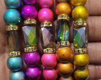 Drizzled Glass Beaded Bracelet/Multicolor/Metallic/Stretchy/Stackable/Handmade Beaded Jewelry