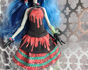 Black and red dripped party dress with green- MH Monster Doll High Fashion