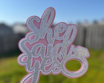 She Said Yes Cake Topper: Silver Glitter Engagement Party Decor