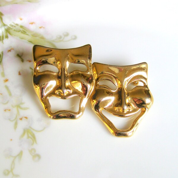 Vintage Large Comedy Tragedy Theatre Masks Brooch Pin Jewelry Gold Metal Actor Actress Stage Broadway Ancient Greek Thalia Melpomene Muse