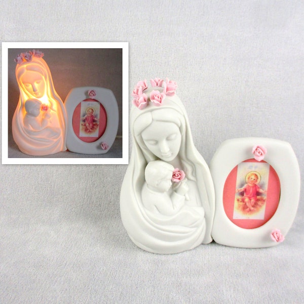 Madonna Nite Lite Picture Photo Frame Virgin Mary Baby Jesus Religious Catholic Holy Icon Communion Vintage 1970s Porcelain Night Light Lamp