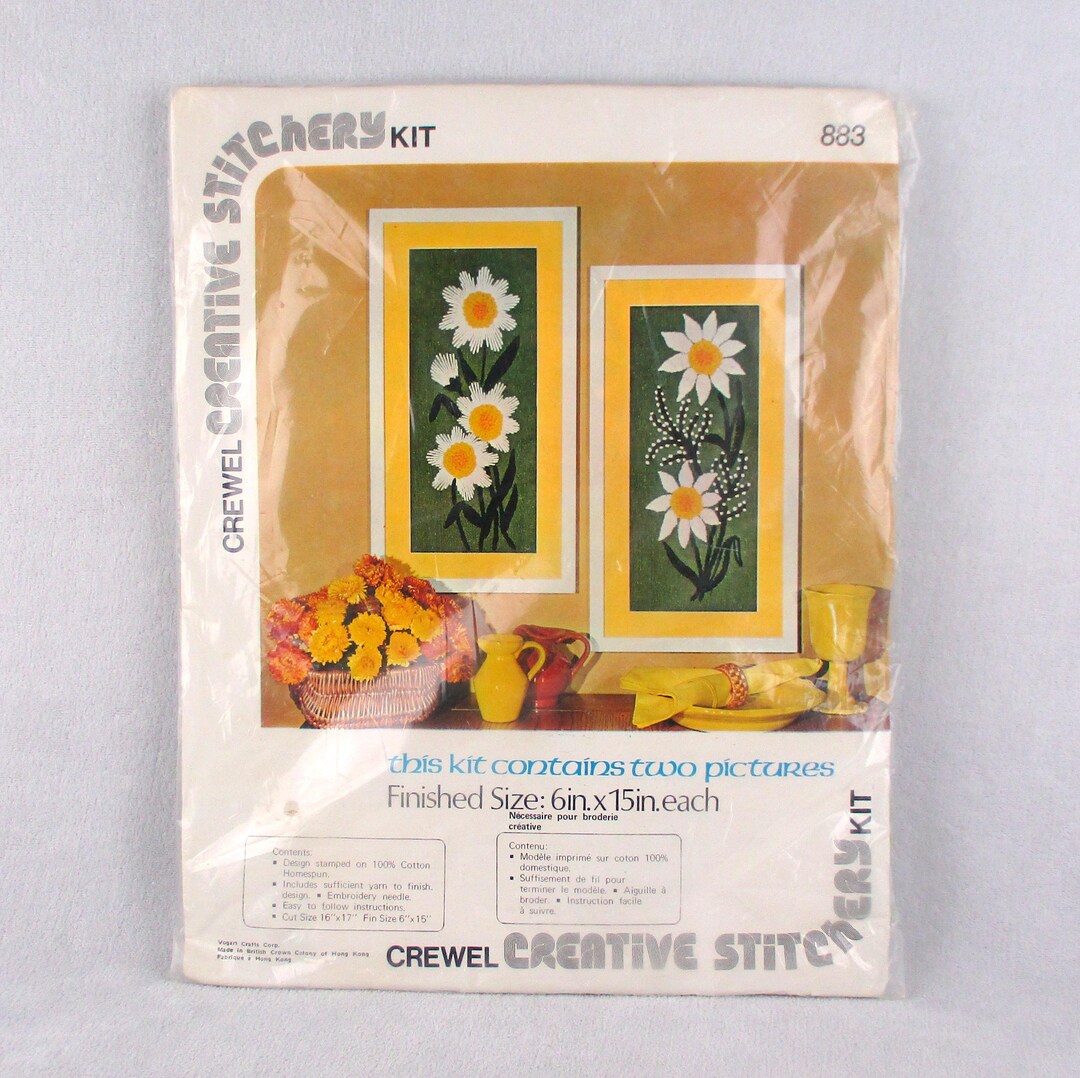 Broderie Crewel Encadrée Erica Wilson Daisy Flower Power Vintage - Occasion, Origine USA