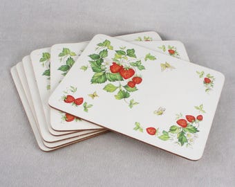 Manteles individuales de melamina con diseño de fresa, mariposa y trébol, con base de corcho, juego de 6 unidades, estilo vintage de los años 80.