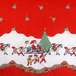 May include: Red and white Christmas fabric with a repeating pattern of Santa Claus in a sleigh pulled by a horse, elves playing instruments, and a Christmas tree. The fabric has a white background with a red border and white polka dots.