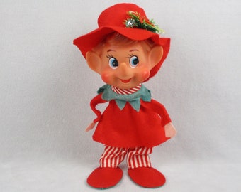 Elf Christmas Decoration Large Standing  Vintage 1960s Christmas Pixie Ornament Red Green Felt