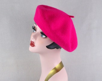 Hot Fushia Pink Wool Beret Tam Slouch Hat Paris French Basque France Artist Painter Winter Vintage 1990s