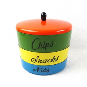 Stacking Storage Serving Container Lacquerware Japan Round Chips Snacks Nuts Server Orange Blue Green Yellow Vintage 1960s Kitchen Barware