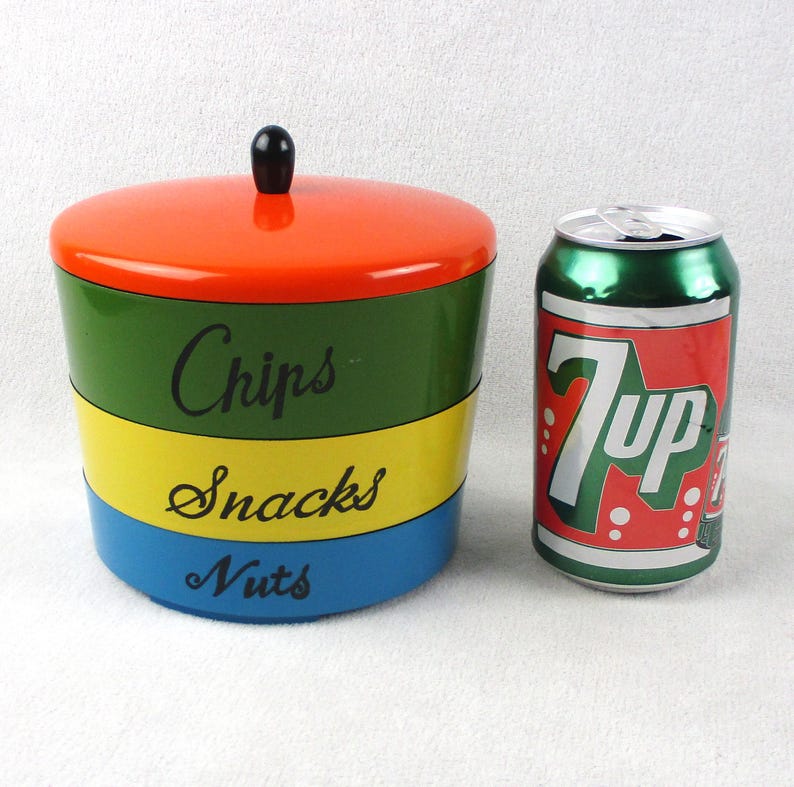 Recipiente apilable para servir y almacenar, lacado, Japón, redondo, para patatas fritas, aperitivos, frutos secos, servir, naranja, azul, verde, amarillo, vintage de los años 60, utensilios de cocina y bar. imagen 2