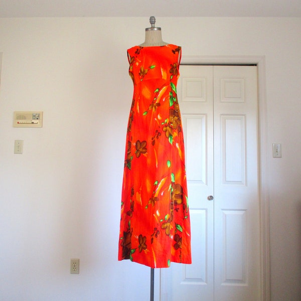 Hawaiian Long Orange Barkcloth Dress MuuMuu Hula Dancing Costume Empire Waist Evening Dress Polynesian Made in Hawaii