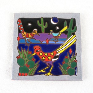 Roadrunner Art Tile Trivet Handmade Southwest Masterworks Wall Art Vintage 1990s Blue Red Green Purple