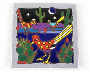 Salvamanteles de azulejos Roadrunner Art, hechos a mano, obras maestras del suroeste, arte de pared vintage de los años 90, azul, rojo, verde, morado.