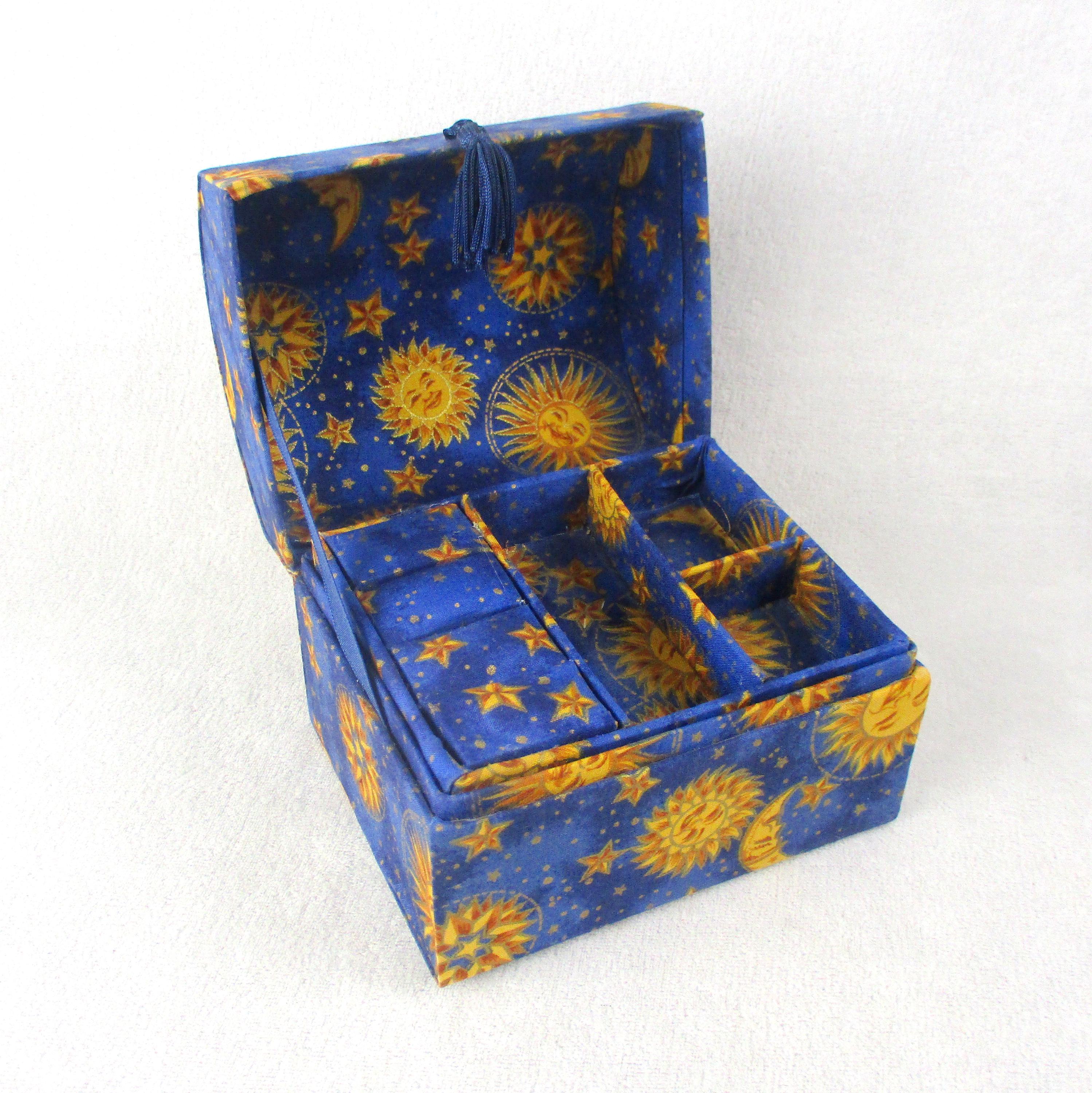 Celestial Jewelry Box Sun Moon Stars Blue and Gold Vintage 1990s